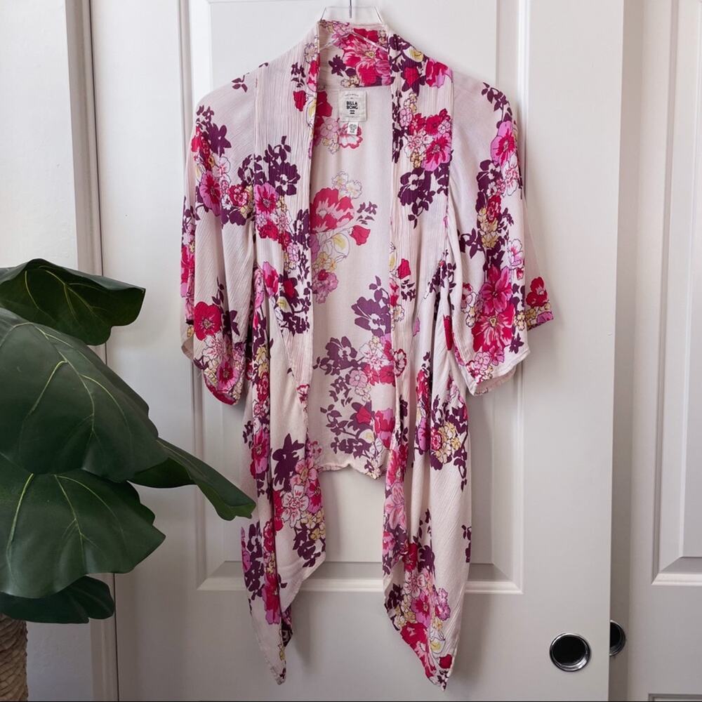 Billabong Floral Kimono Pink Purple Short Sleeve Drape M
